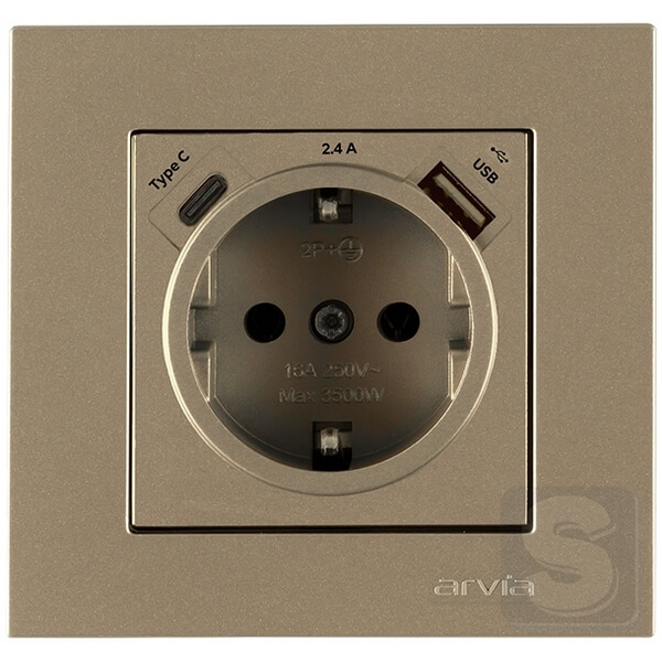 Розетка із заземленням та шторками USB-A + USB-C 5V-2.4A Arvia Electric KAREN Титан (20 05 2000 301)